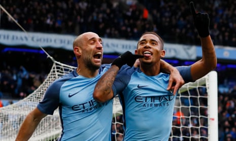 Gabriel Jesus celebrates scoring his second and the winner for City.