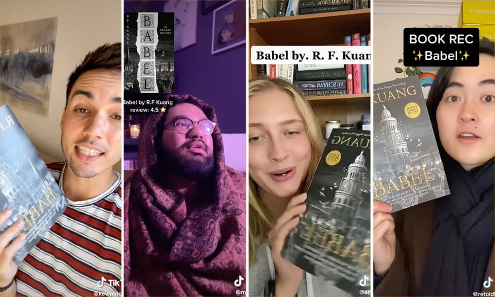 A composite of four #BookTok reviewers reviewing the book Babel by R. F. Kuang. From left to right, TikTok user kevintnorman, mxkanteven, erynsarchive and retoldbyrebecca.