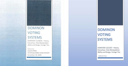 images of two documents saying “Dominion voting systems” and below that, “overview: history, executives, vote manipulation ability and design, foreign ties”. Each document has a different date - left one is 29 November 2020, right one is 2 December 2020. left one says it’s by Joanna Miller, right one by Katherine Friess
