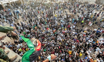 Demonstrators gather outside al-Sahaba mosque in Derna.