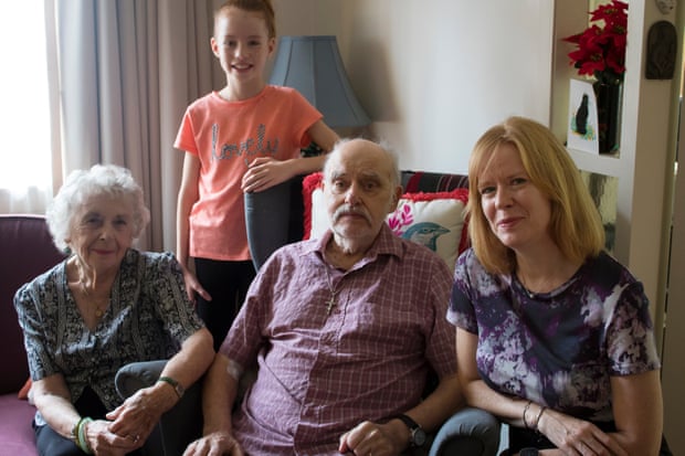  Peggie Bradley, 91, granddaughter Karis Town, 9, James Bradley, 92, and Sharon Bradley. Peggie and James are at risk of deportation after 10 years in Australia. Photograph: Elle Hunt for the Guardian  