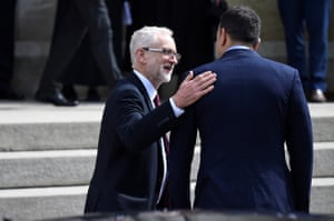 The Labour leader, Jeremy Corbyn, and the taoiseach, Leo Varadkar, arrive for the funeral.