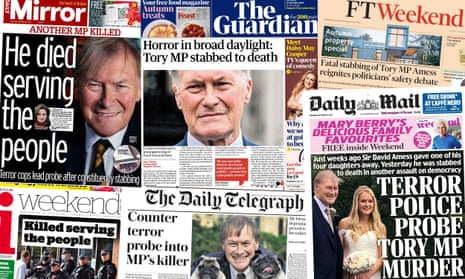 UK newspaper front pages following the killing of MP David Amess in Essex after he was stabbed several times, with police declaring it a terrorist incident.