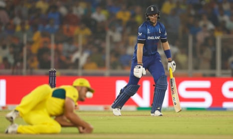 Marcus Stoinis of Australia reacts after a dropped catch from the bat of Joe Root of England.