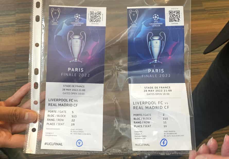 A real (left) and a fake ticket for the Champions League final are displayed at a press conference in Paris on Monday following a meeting on security after incidents during the Champions League final at the Stade France stadium.