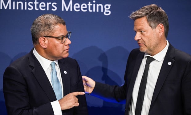 The Cop26 president, Alok Sharma, with the German minister for economics and climate protection, Robert Habeck, at the G7 meeting in Berlin on Friday