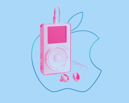 A stylised image of the device, with headphones attached, sitting on a blue background embossed with the Apple logo