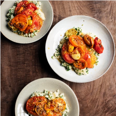 Roast tomatoes with harissa and couscous.