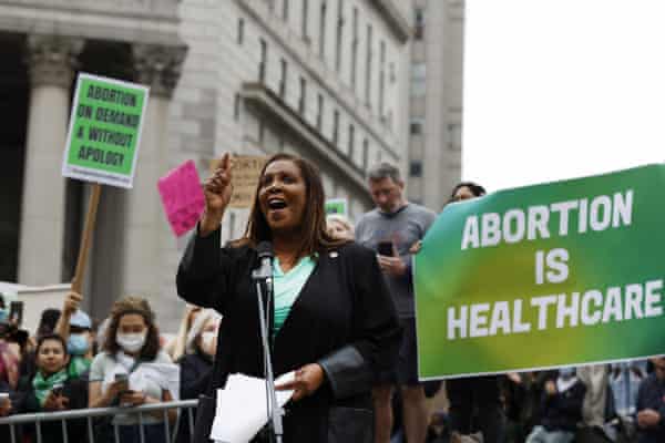 New York Attorney General Letitia James speaks at a rally in support of abortion rights in New York, May 2022.