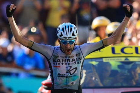 Wout Poels of Bahrain-Victorious celebrates his first ever Tour de France stage victory as he crosses the line in Saint-Gervais Mont-Blanc.