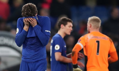 Marcos Alonso reacts at the final whistle after his late free-kick was saved by Kasper Schmeichel