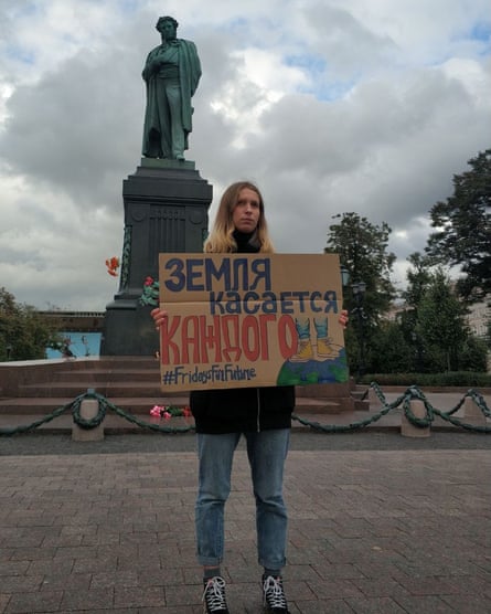 A climate striker in Pushkin Square, Moscow