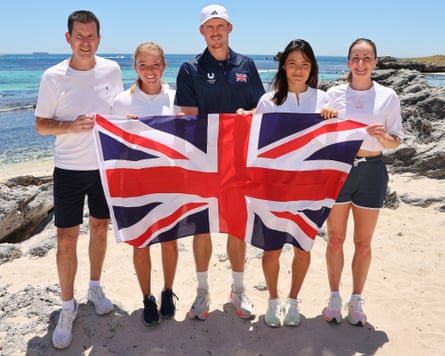 Tim Henman, Katie Swan, Billy Harris, Emma Raducanu and Olivia Nicholls of Great Britain during a media opportunity on Rottnest Island, Australia.