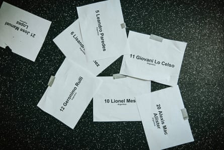 Name cards for the Argentina players, to aid with captioning during post-production.