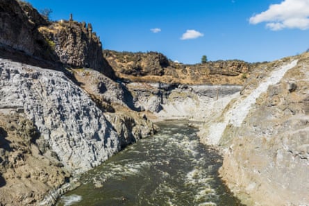 A September 2024 image shows water flowing down the Klamath River near where the dam known as Copco 1 once stood near Hornbrook, California.
