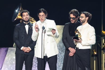 Rawayana accepting the group’s Grammy award in 2024.