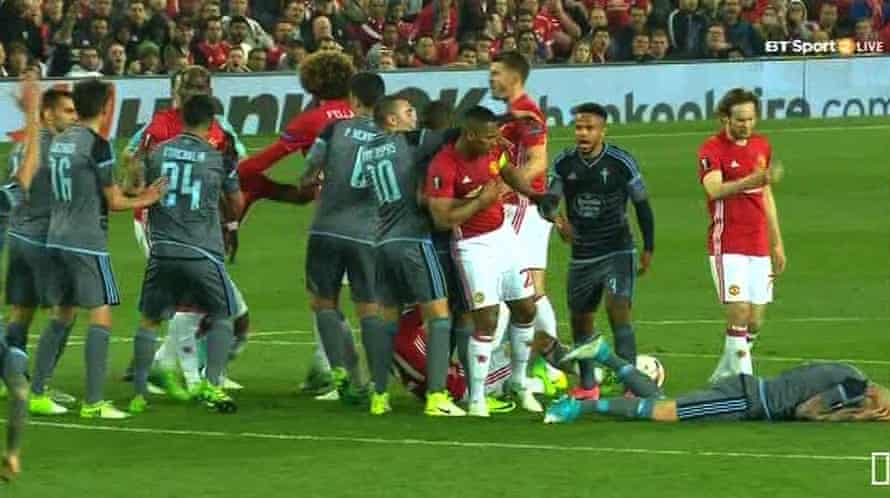 Melee in the centre circle which resulted in a red card for United’s Eric Bailly and Celta Vigo’s Facundo Roncaglia.