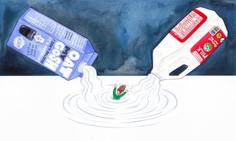 illustration shows person in pool of milk. the pool is made from oat and dairy milk bottles pouring overhead