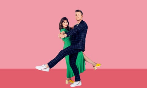 Blind date superfan Justin Myers and matchmaker Nina Trickey holding each other in a dance pose against pink background