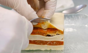 A laboratory worker extracts the meat of beef lasagne for a DNA test.