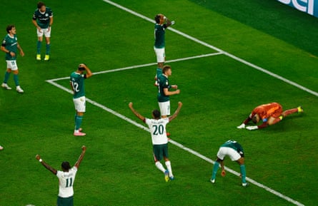 Palmeiras goalkeeper Weverton reacts after fumbling Malo Gusto’s tame shot