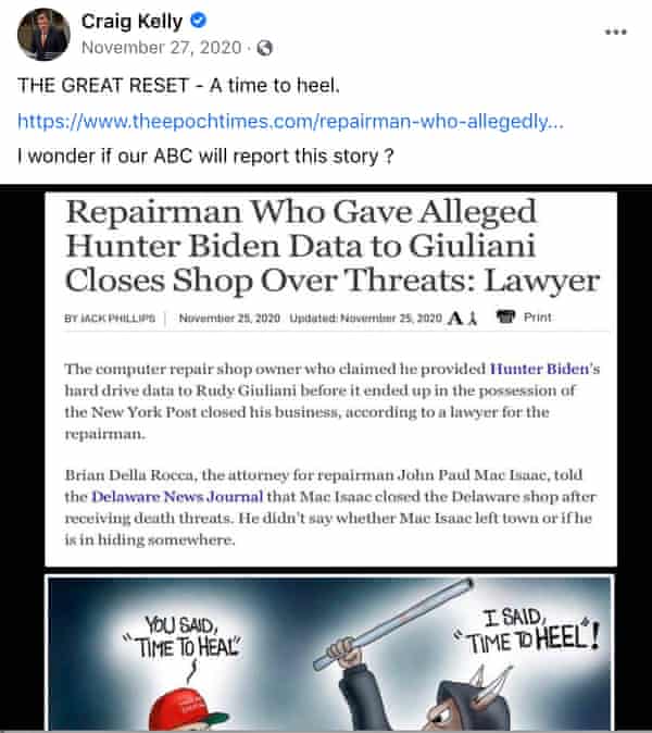 A Facebook post from Liberal MP Craig Kelly from 27 November 2020.