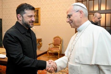President of Ukraine Volodymyr Zelenskyy (L) meets with Pope Leo XIV (R) at the Apostolic Palace in Castel Gandolfo, Italy.