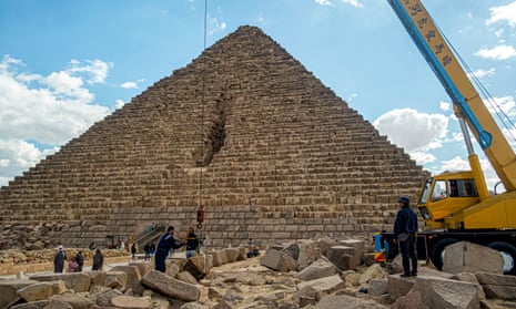 Restoration works on pyramid of Menkaure, Egypt