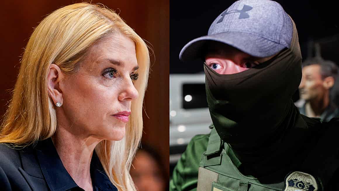 Composite image of Pam Bondi and an Ice officer wearing a black mask