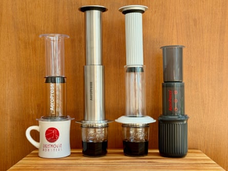 An Aeropress original, Aeropress clear, Aeropress steel, and Aeropress go
