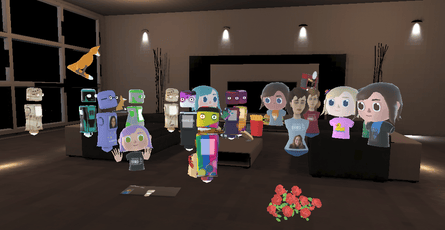 Women working in virtual and augmented reality network on Mozilla Hubs, a 3D-rendered space