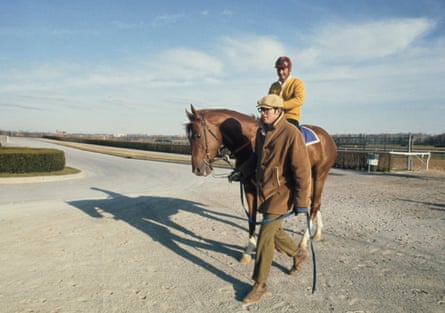 Secretariat and American exercise rider Jim Gaffney during an exercise session at Belmont Park on 20 April 1973.