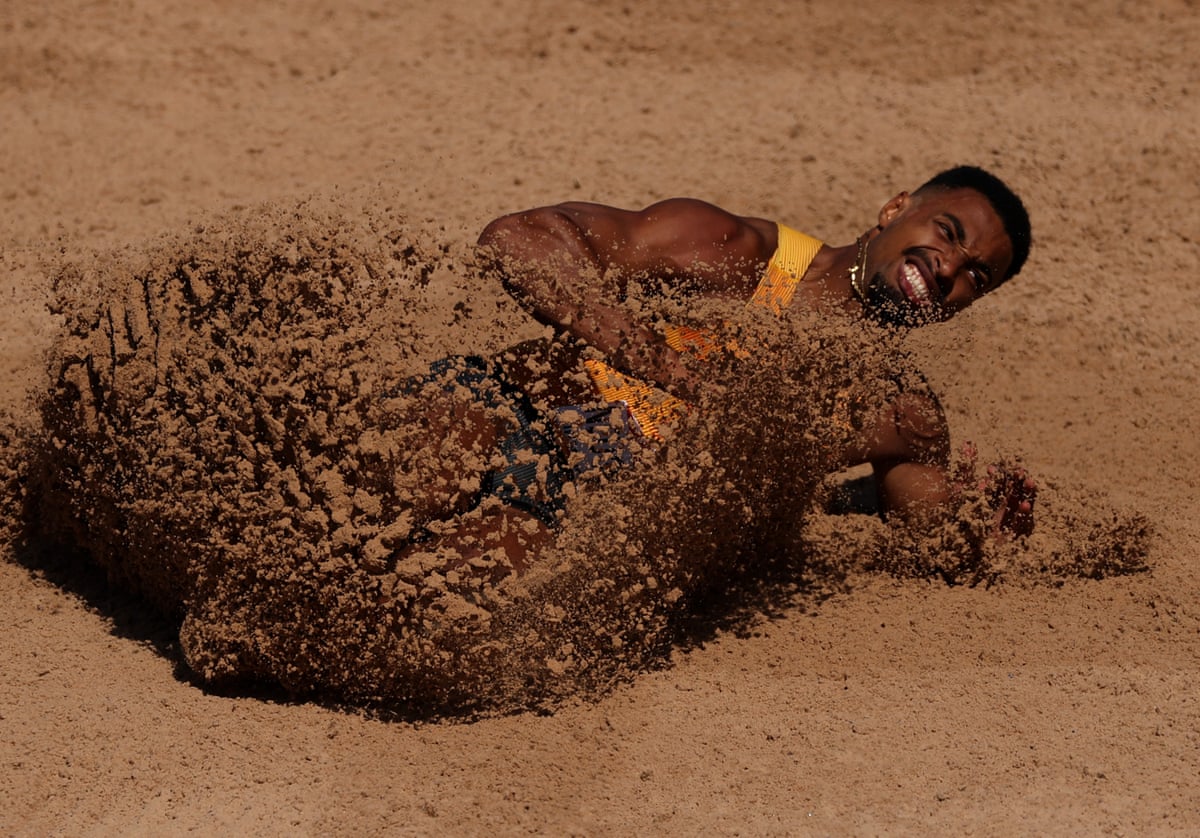 Leo Neugebauer of Germany competes in the decathlon long jump during the European Athletics Championships in Birmingham, England.