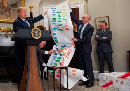 Donald Trump and Chris Liddell hold up a chart outlining the process to build a federal highway