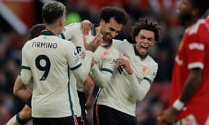Manchester United v Liverpool Premier League<br>Mo Salah celebrates after he scores the 4th Liverpool goal during the Premier League match between Manchester United and Liverpool at Old Trafford on October 24th 2021 in Manchester, England (Photo by Tom Jenkins)