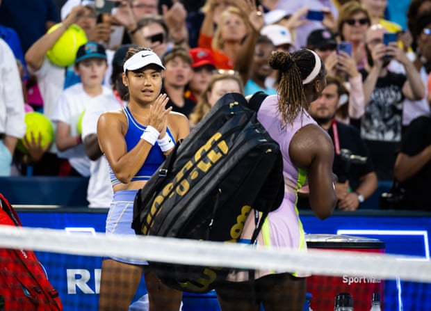 Emma Raducanu applauds Serena Williams off the court at Lindner Family Tennis Center.