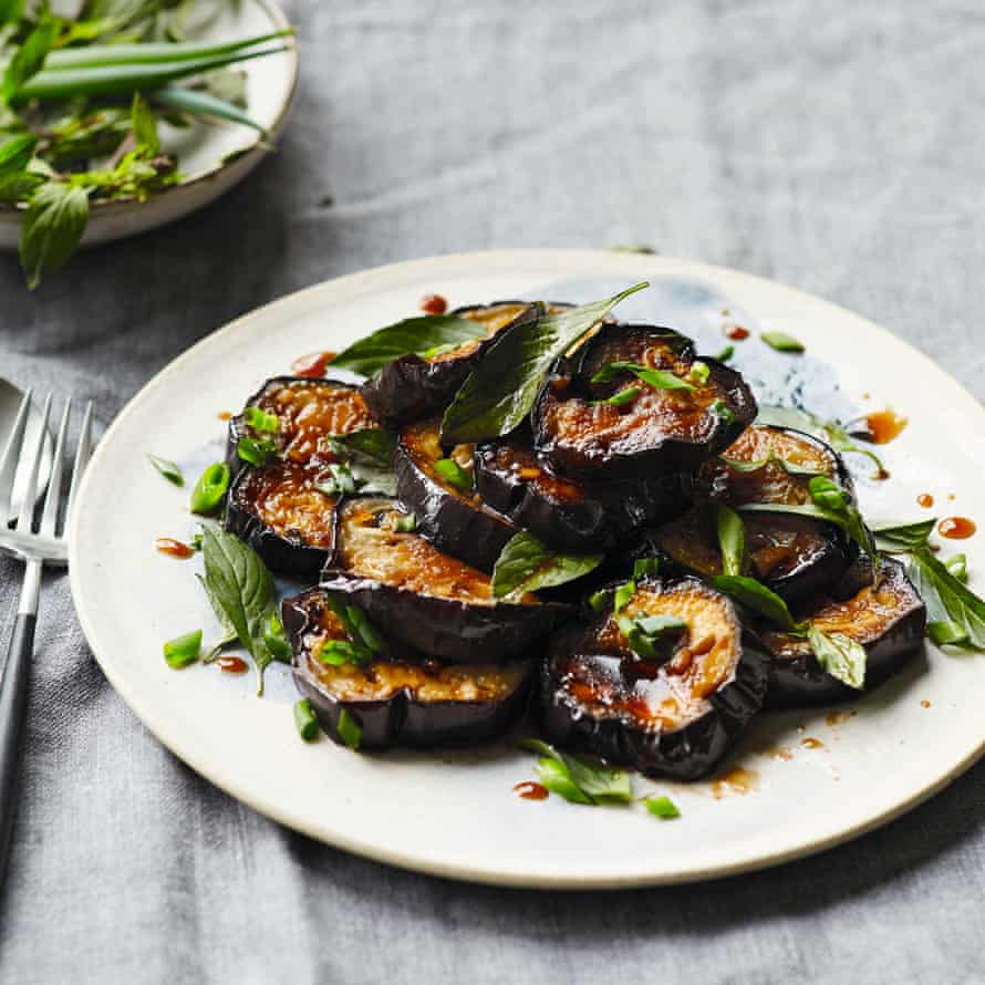 Ca tim xao nuoc tuong – soy aubergines and Thai basil.