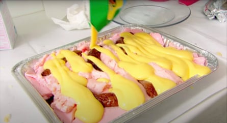 A trifle with sausages in it is assembled