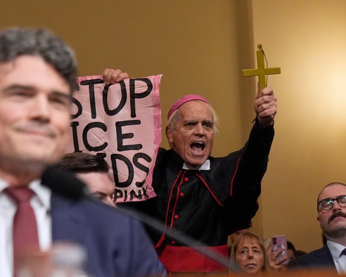 Protesters interrupt Kristi Noem at House homeland hearing – video
