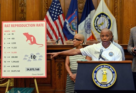 Eric Adams points at a chart as he announces the results of a pilot program aimed at curbing the rat population around Brooklyn Borough Hall in New York.