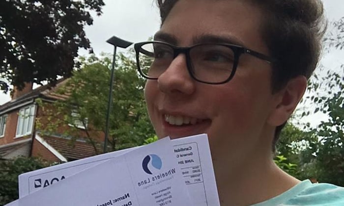 Joe Lena collecting GCSE results.