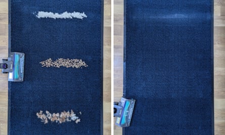 Before (left) and after (right) the Shark PowerDetect tackled flour, cat litter and pet hair.