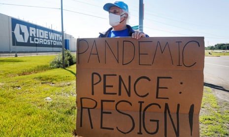 Werner Lange of Niles, Ohio stands in protest outside of the Lordstown Motors Corp. where US vice president Mike Pence was speaking following the unveiling of Lordstown Motors’ new Endurance all-electric pickup truck in Warren, Ohio.