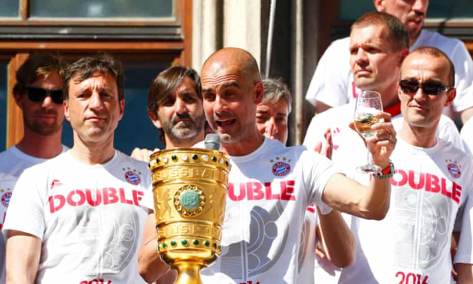Pep Guardiola, pictured celebrating Bayern Munich’s German Cup win, can takje Manchester City to a whole new level, according to the club’s chairman Khaldoon Al Mubarak.
