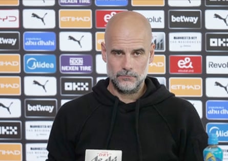 Screengrab from Sky Sports broadcast of Manchester City press conference on 22 May 2026 where Pep Guardiola confirmed he was stepping down as Manchester City manager after 10 years in the job.