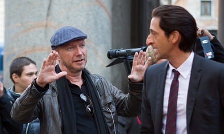 Paul Haggis on the set of Third Person with Adrien Brody in 2013.