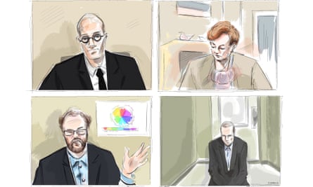 A court sketch depicts the Crown attorney Joe Callaghan, clockwise from top left, Justice Anne Molloy, the accused Alex Minsassian and expert witness Dr Alexander Westphal.
