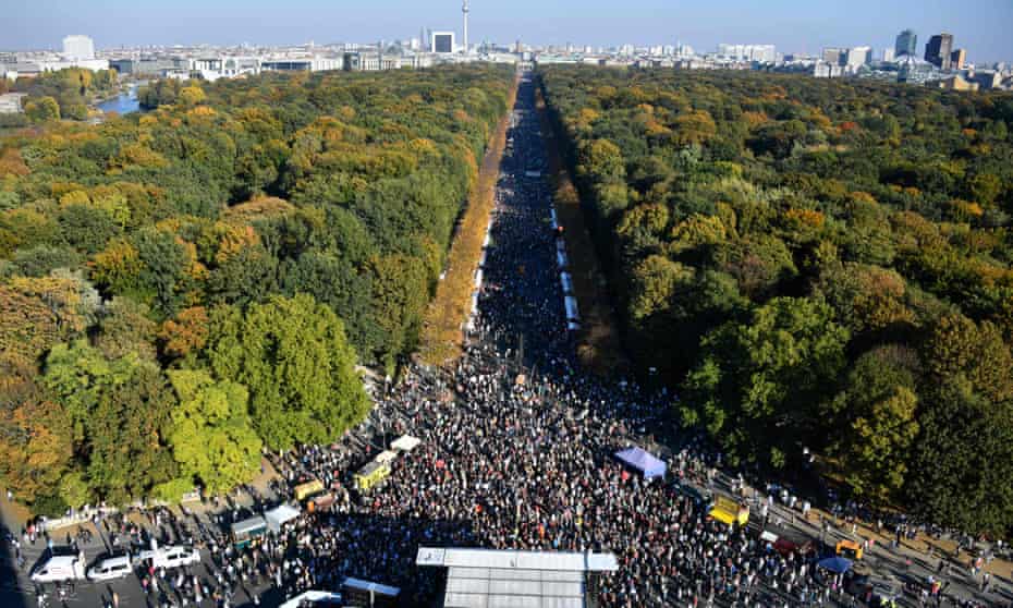 Demonstrators gather in Berlin’s Tiergarten district in October as part of a march to campaign for an open and caring society.