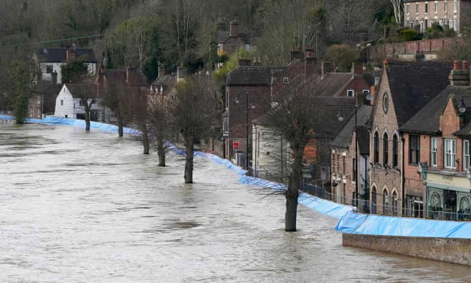 Flood barriers guarding historic properties in Ironbridge, Shropshire, in February.