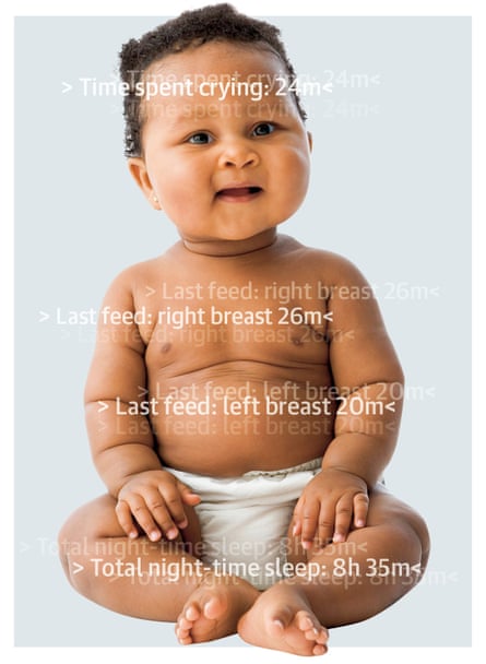 Composite of baby in nappy with words about crying, sleep, etc